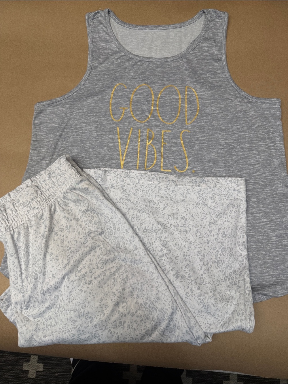 Rae Dunn Grey Tank Top & Light Grey Printed Pajama Pants with Gold "GOOD VIBES"